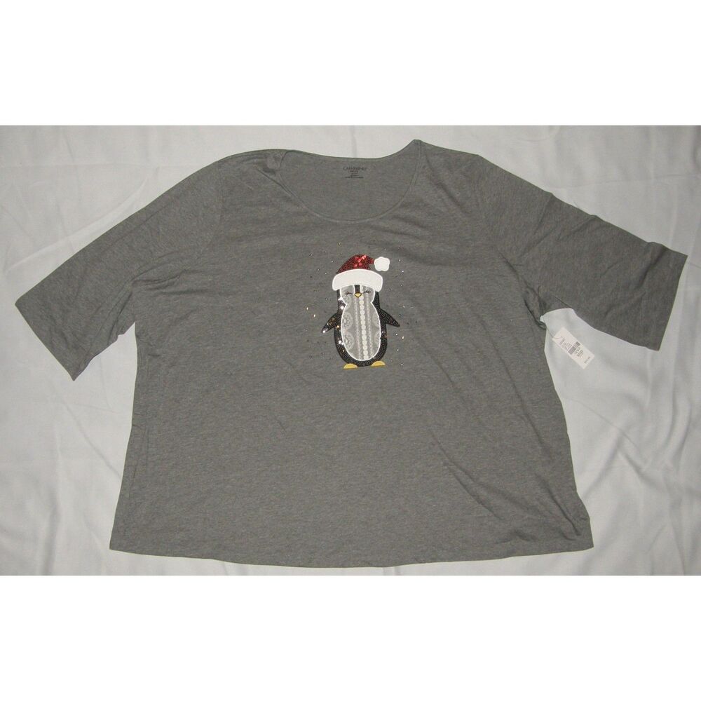 NEW Gray Plus Sz 3X (26/28) Petite Sequins Penguin Stretchy Tee Shirt CATHERINES